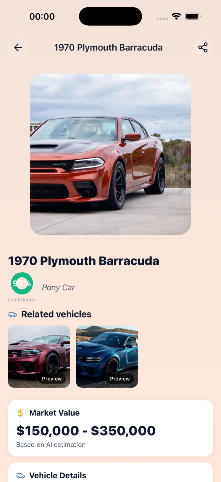 Car Identifier displays a camera view framing a red sports car, a 'Snap & Identify' prompt, and a fact mentioning '1963'.