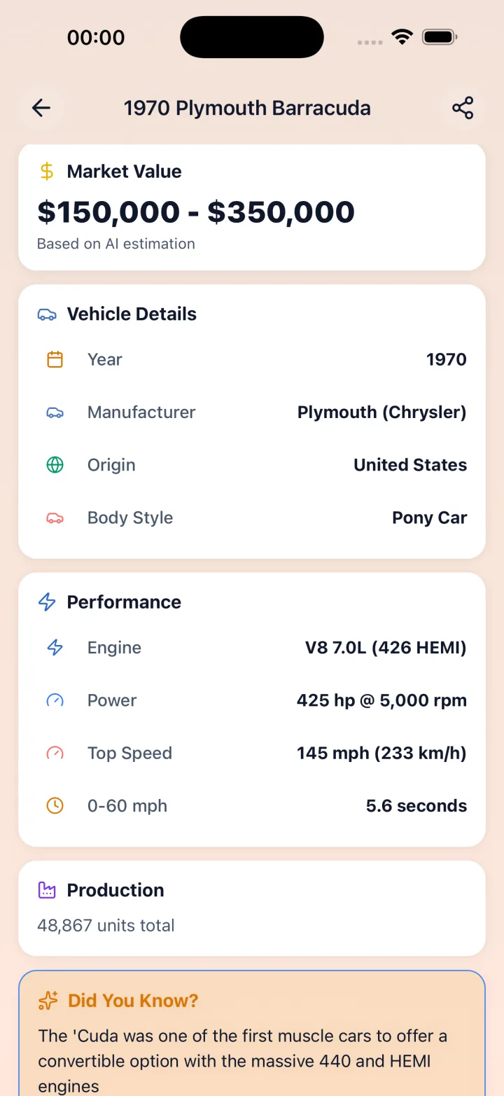 Car Identifier displays identification results for the '1970' Plymouth Barracuda with related vehicle previews and a market value range.
