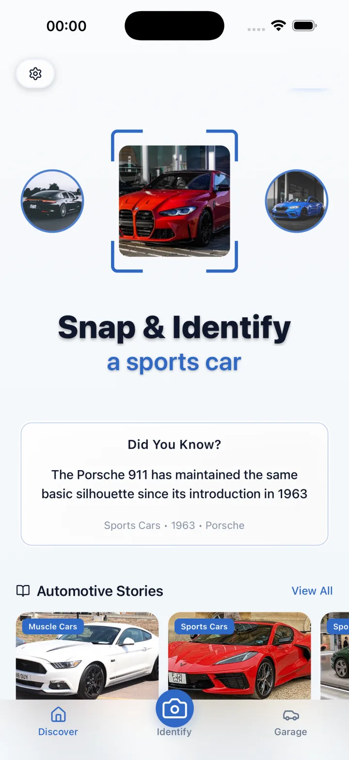 Car Identifier presents a personal car collection grid with saved entries like the '1964' Ford Thunderbird and multiple classic model thumbnails.
